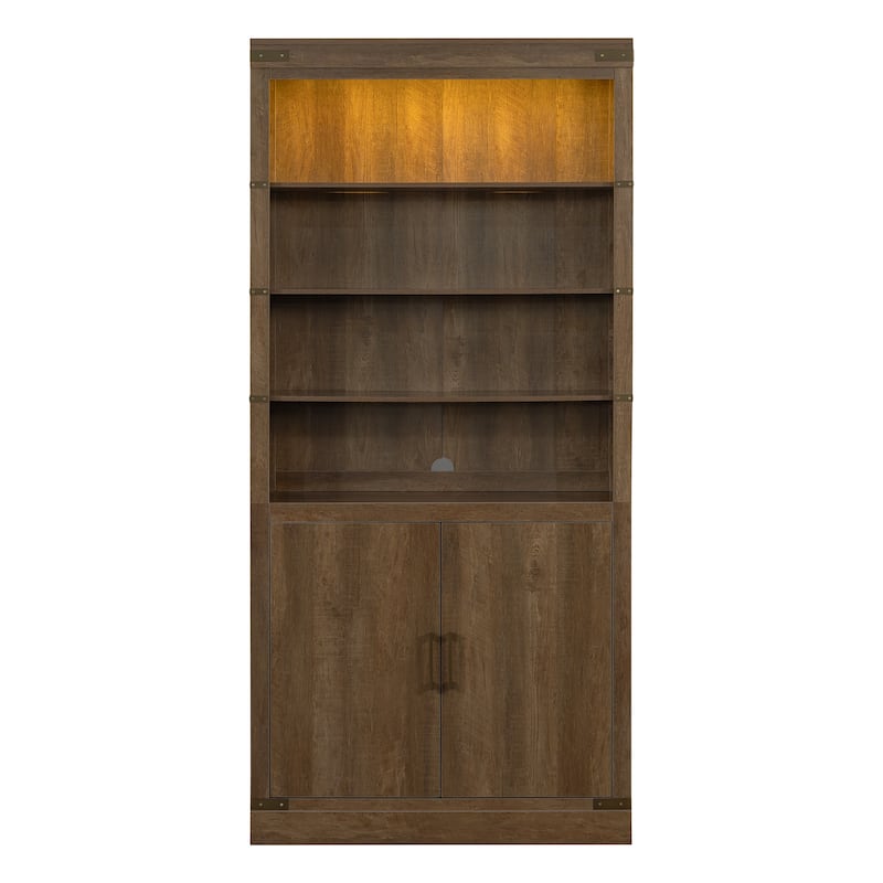 83.4" Tall Bookshelf with Doors, Farmhouse Bookcase with 3-Tier Adjustable Shelves, Display Storage Cabinet with LED Light