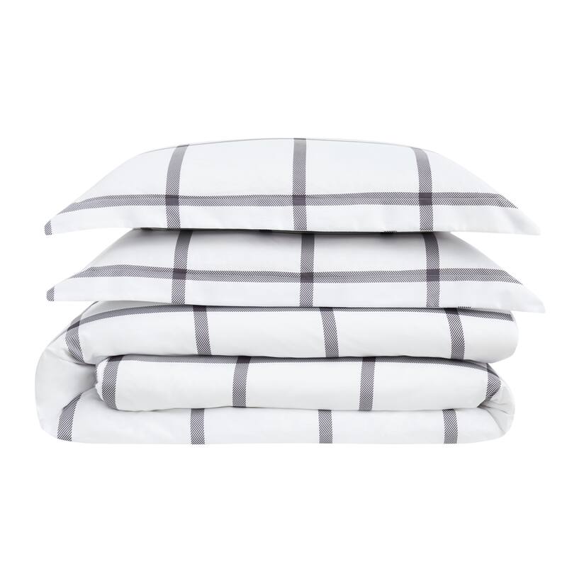 Truly Soft Printed Windowpane 3 Piece Comforter Set - White/Charcoal Grey - Queen