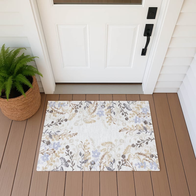 Machine Washable Indoor/ Outdoor Floral Border Chantille Rug - Ivory - 1'8" x 2'6"