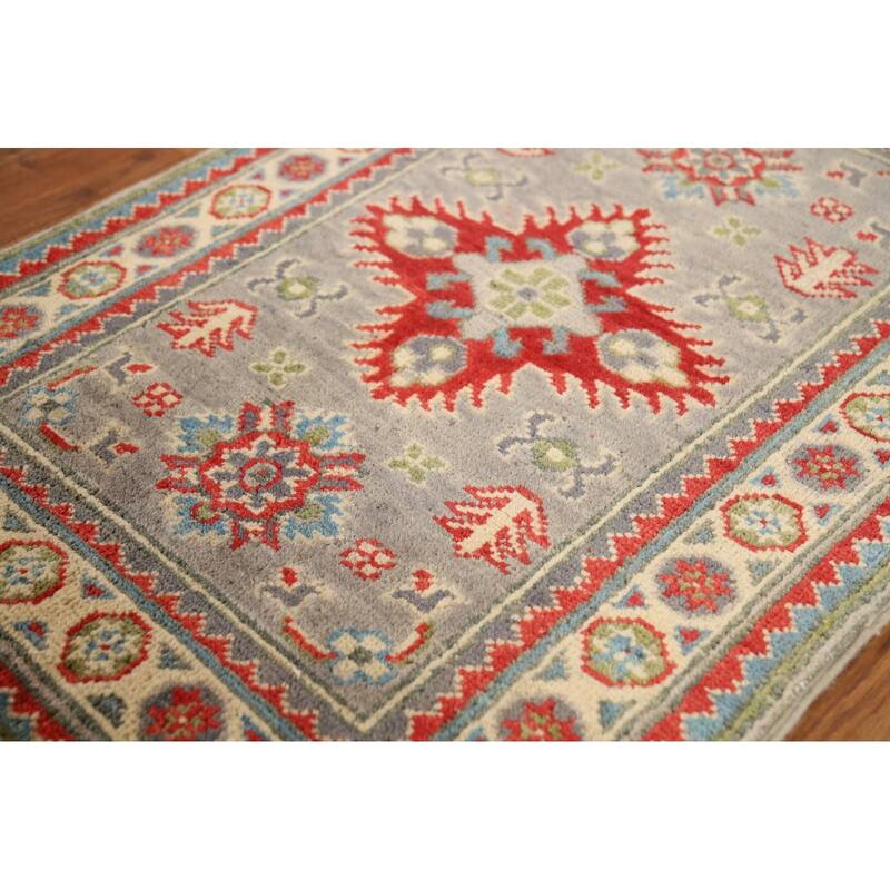 Geometric Kazak Oriental Foyer Rug Hand-Knotted Grey Wool Carpet - 2'0" x 3'0"