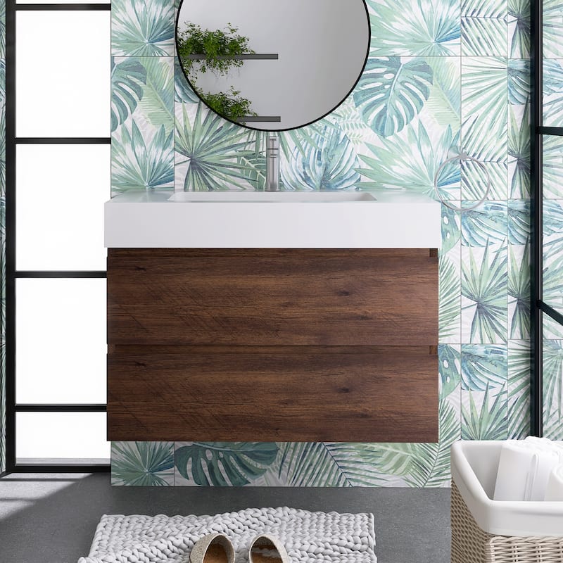 Floating Bathroom Vanity with Solid Surface Top - 35.8'' x 18.1'' x 25.2'' - Walnut