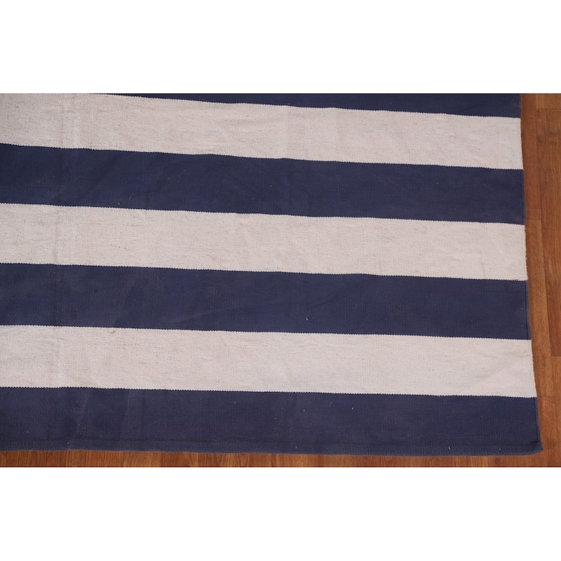 Striped Durrie Kilim Turkish Area Rug Hand-Woven Wool Carpet - 7'3"x 10'3"