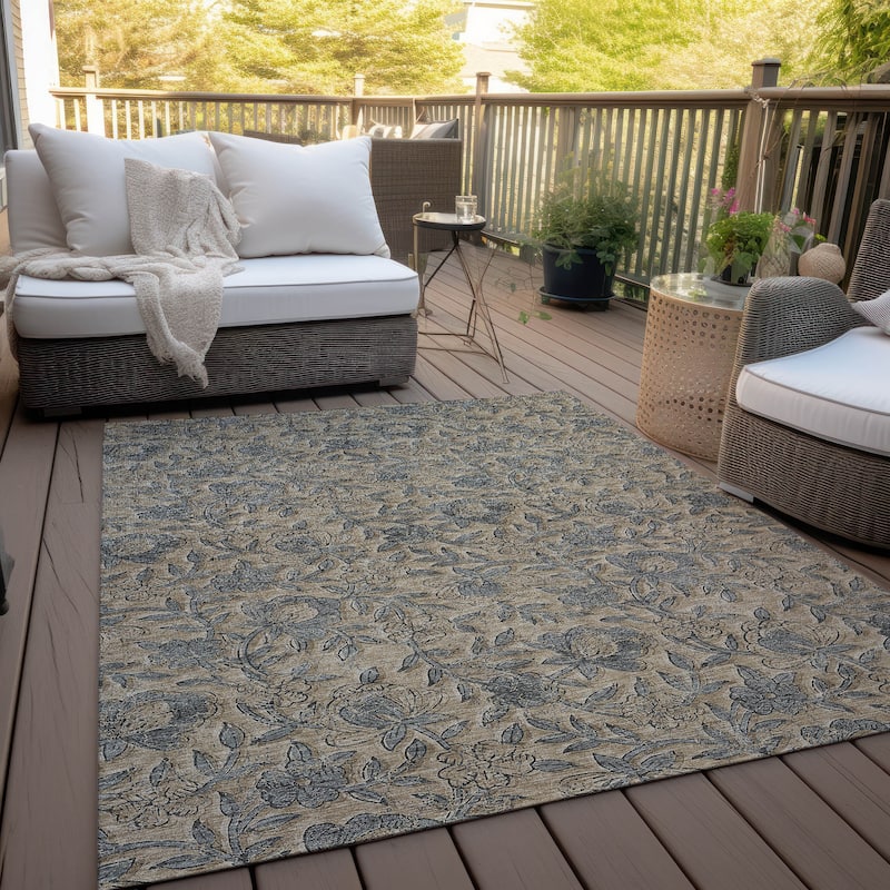 Machine Washable Indoor/ Outdoor Chantille Floral Rug - Khaki - 9' x 12'