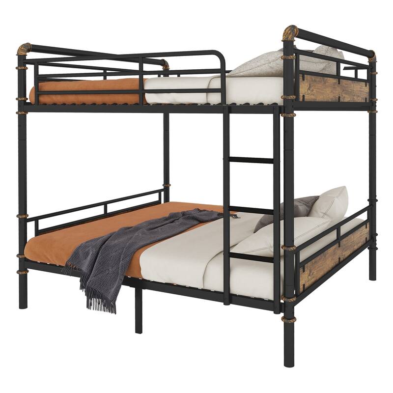 Queen over Queen Metal Bunk Bed, Industrial Detachable Bunkbeds with Safety Guard Rails for Teens, Black