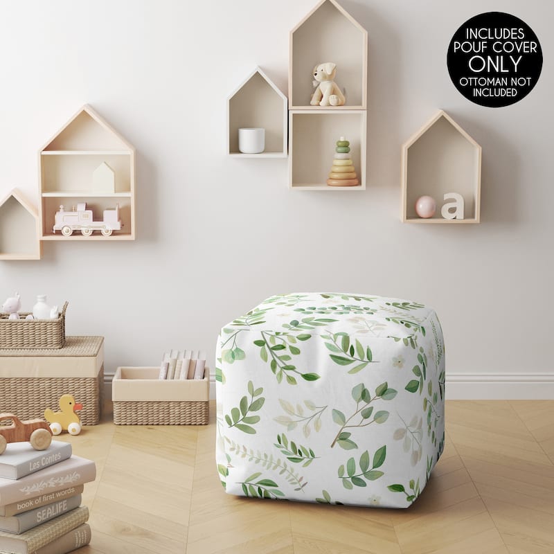 Sweet Jojo Designs Boho Floral Leaf Boy Girl Unstuffed Ottoman Pouf Cover Sage White Bohemian Gender Neutral Watercolor Woodland