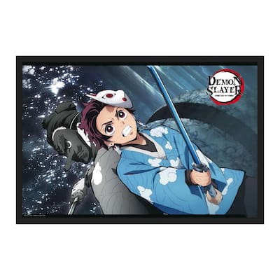Demon Slayer Tanjiro and Urukodaki Blue Sword Framed Poster - 24 x 36 Inch