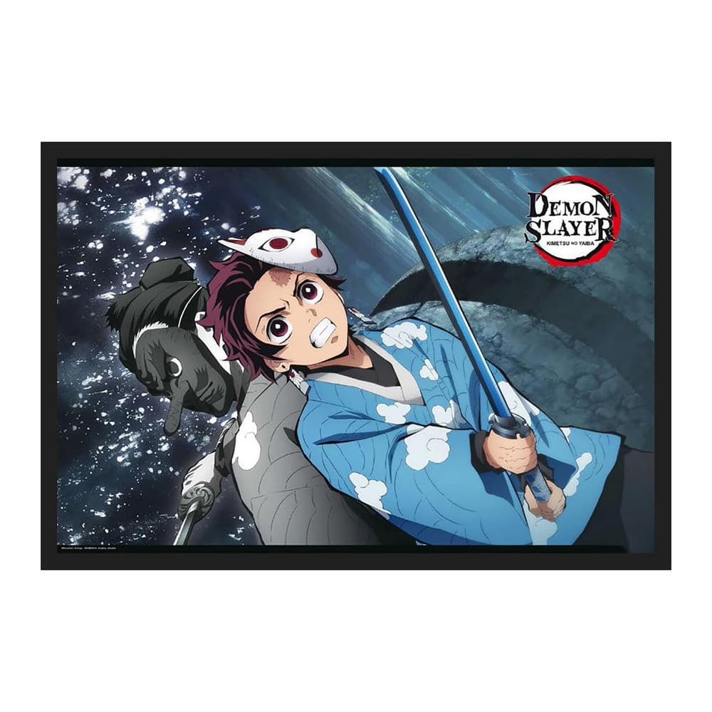 Demon Slayer Tanjiro and Urukodaki Blue Sword Framed Poster - 24 x 36 Inch