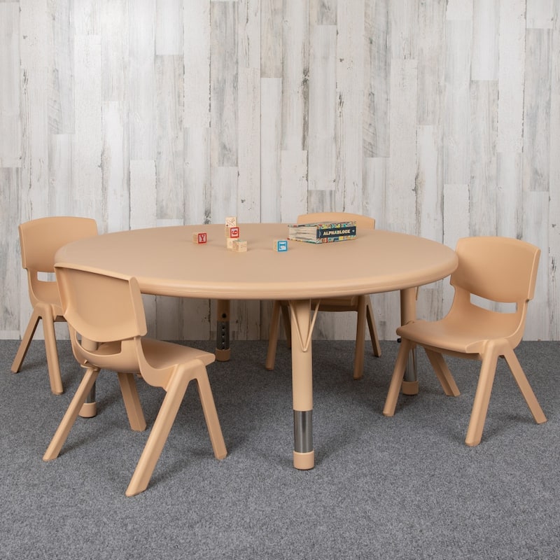 45" Round Plastic Height Adjustable Activity Table Set with 2 or 4 Chairs - 4 chairs - Natural