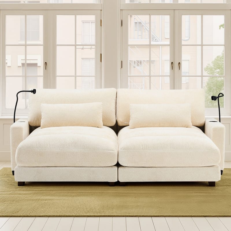 Chaise Lounge Chair Upholstered Modular Sofa with Cup & Phone Holders - Beige