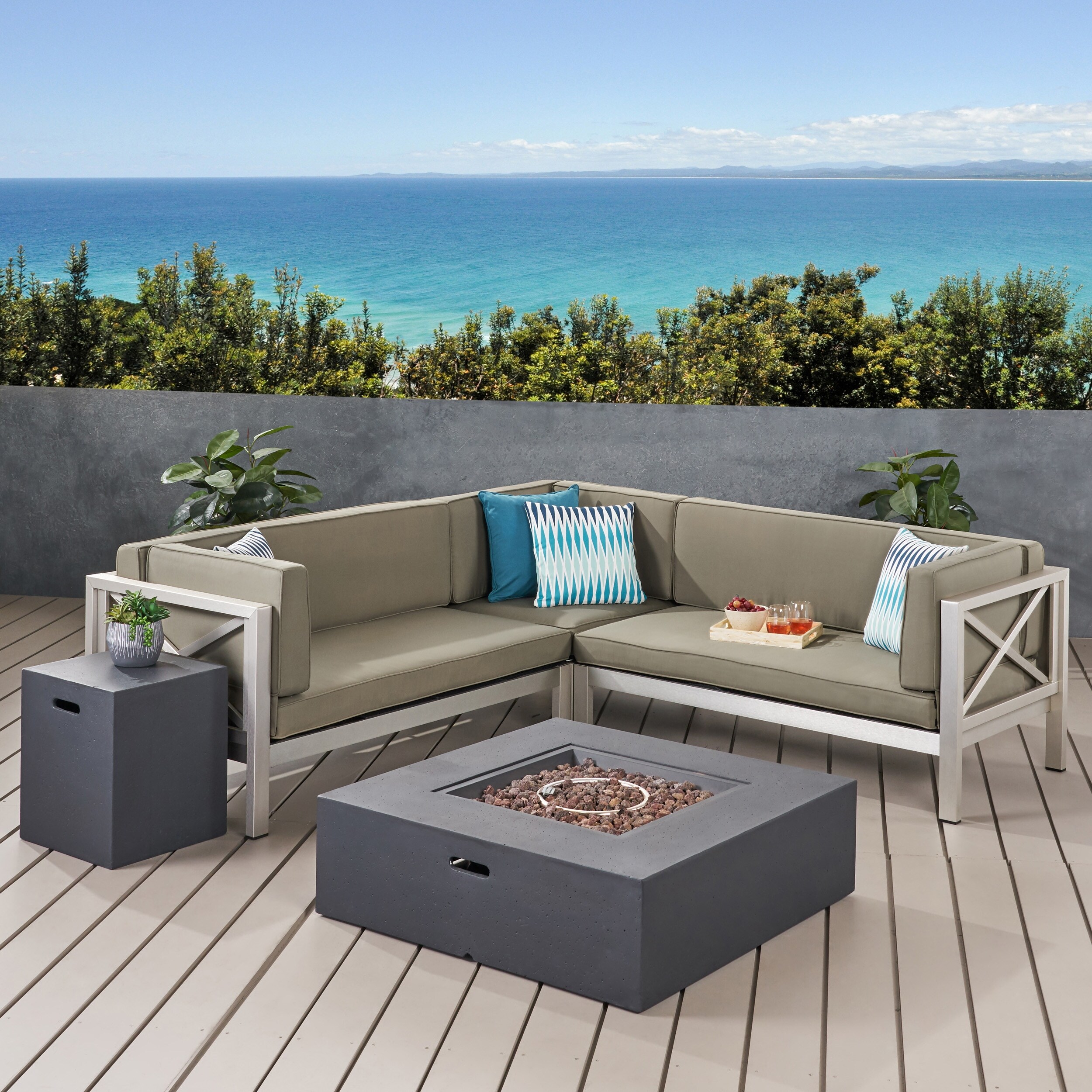 la vista outdoor modern 5 seater v shaped sectional sofa set with fire pit and tank holder by christopher knight home