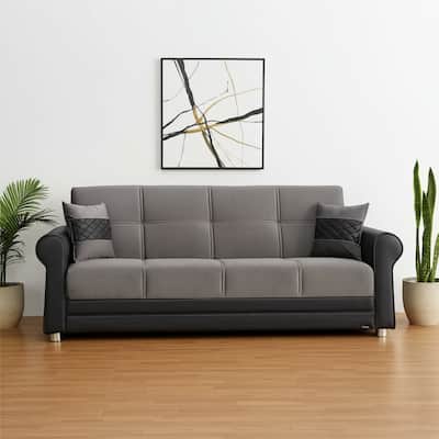 HomeRoots 89" Gray Polyester Convertible Futon Sleeper Sofa And Toss Pillows With Storage