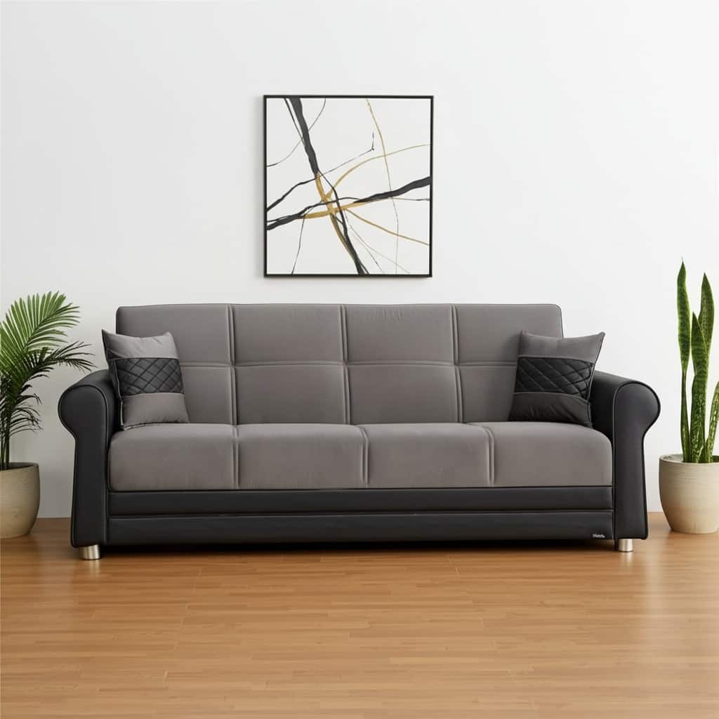 HomeRoots 89" Gray Polyester Convertible Futon Sleeper Sofa And Toss Pillows With Storage