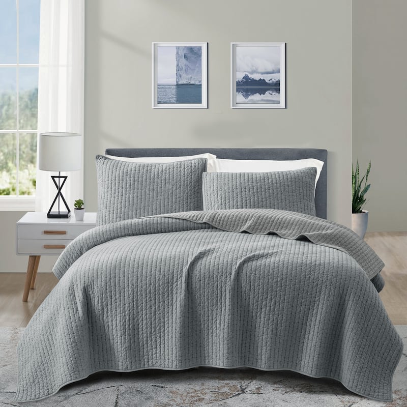 Cotton Reversible 3 Piece Quilt Set - grey - King