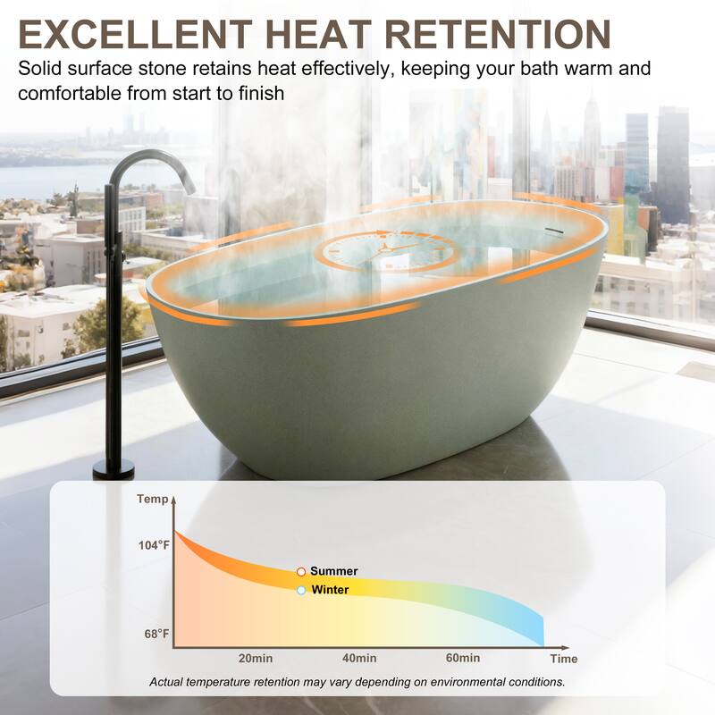 Luxury Solid Surface Freestanding Soaking Bathtub with Center Drain and Pop-up Drain, Modern Beige Tub with Overflow