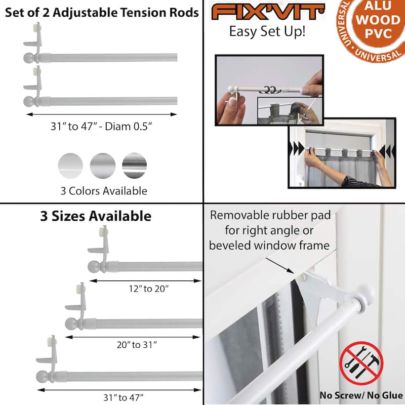 Set of 2 Adjustable Tension Rods FixVit 12" to 47" - Diam 0.5"