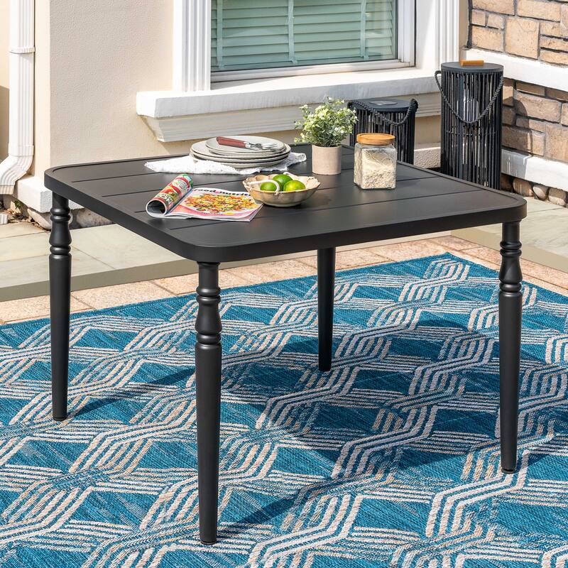 Patio Square Powder-Coated Metal Dining Table with Umbrella Hole, Black - Black