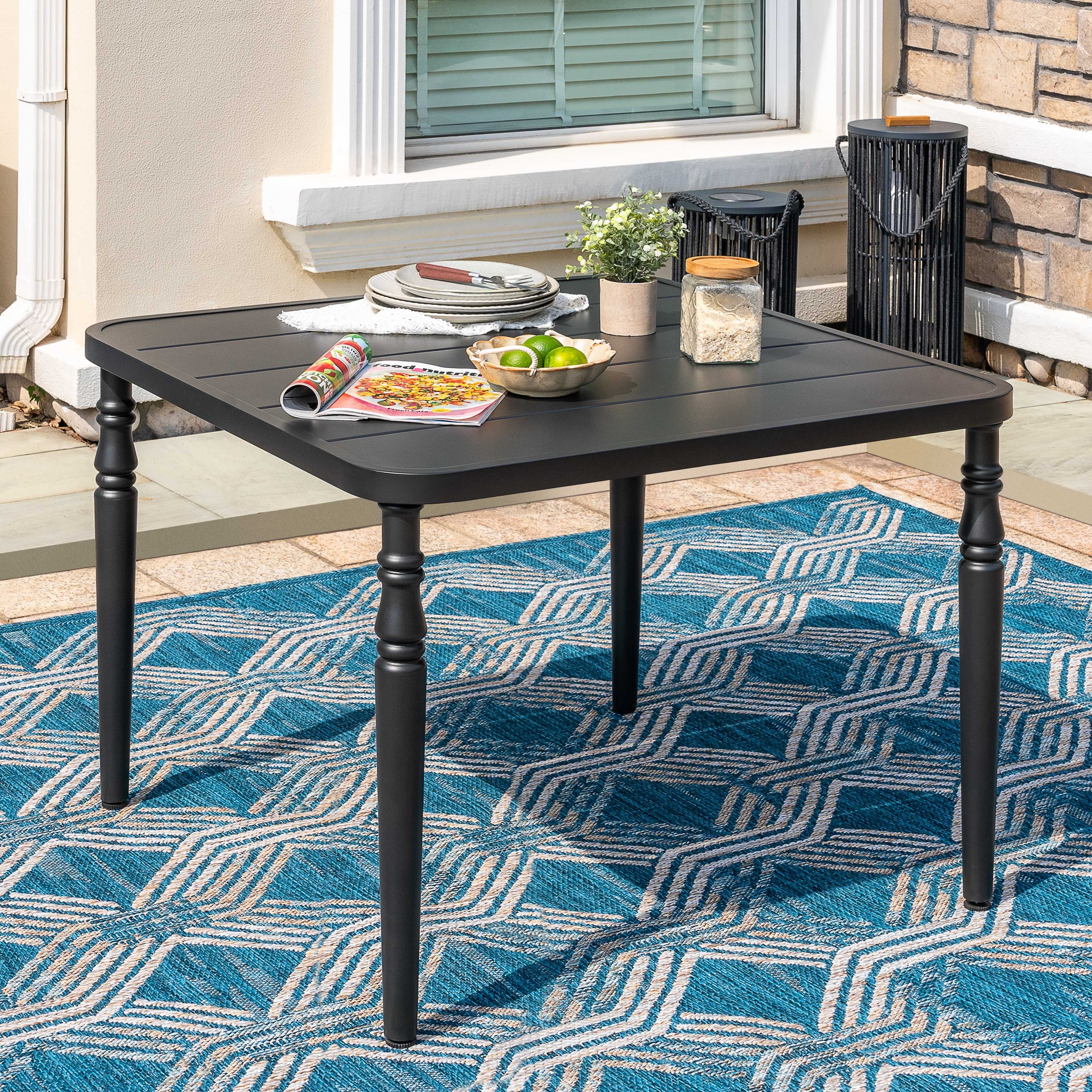 Nuu Garden Patio Square Powder-Coated Metal Dining Table with Umbrella Hole, Black