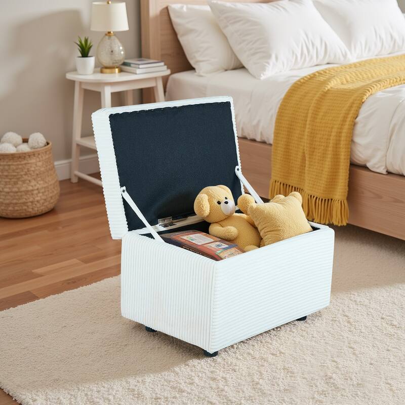 25 in.W Corduroy Upholstered Flip Top Storage Ottoman Footstool w/ Hide Hidden Storage & Solid Wood Legs