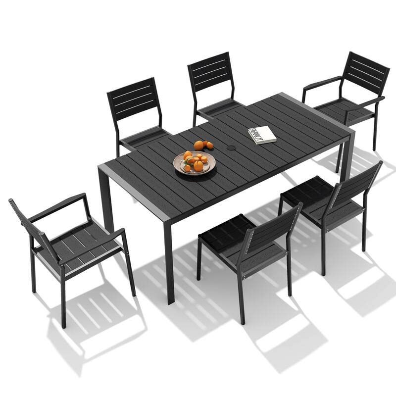 11-Piece Outdoor Patio Dining Set Wood Like Table Top Aluminum Rectangular Umbrella Hole Table with Stackable Armrest Chairs