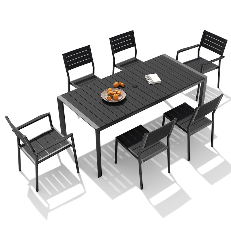 9-PCOutdoor Patio Dining Set WoodLike Table Top Aluminum Rectangular Umbrella Hole Table with Stackable Armrest Dining Chairs