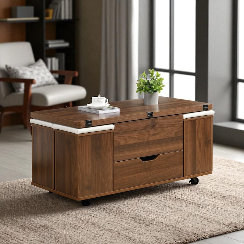 Multi-Functional Lift-Top Coffee Table with Hidden Storage, 4 Stools & Casters, Modern Center Table for Small Spaces - Walnut