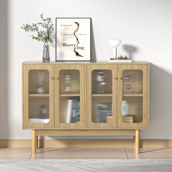 thumbnail image 2 of Modern Buffet Cabinet With Fluted Glass Doors - 36" Storage Sideboard, Adjustable Shelf, Wooden Coffee Bar For Kitchen 2 of 14