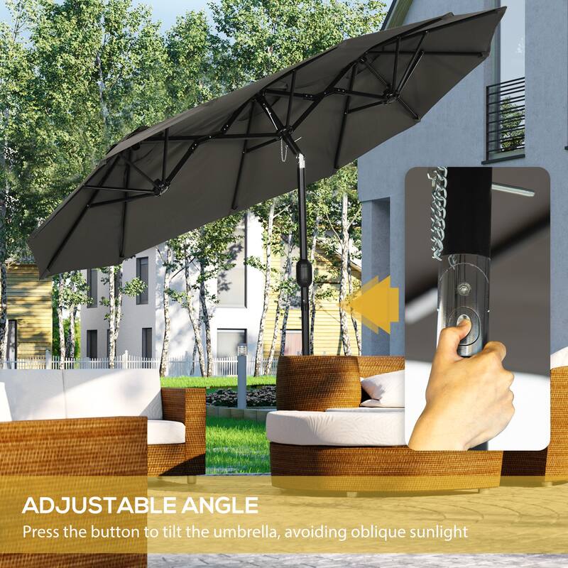 Outsunny Double-sided Patio Umbrella 9.5' Large Outdoor Market Umbrella with Push Button Tilt and Crank, 3 Air Vents and 12 Ribs