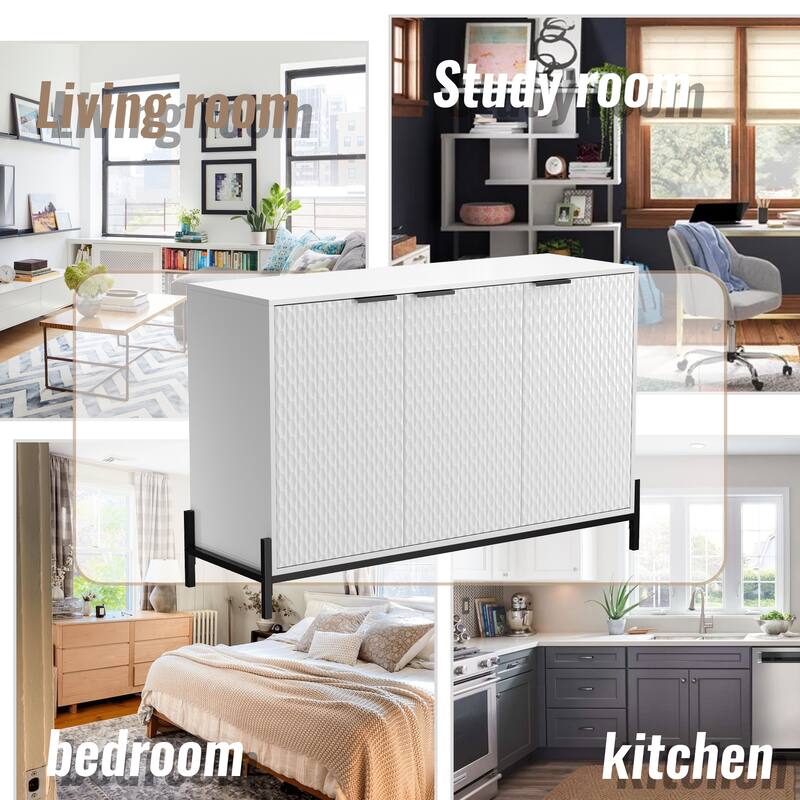 Modern High Gloss 3-Door Cabinet -Buffet Sideboard with Powder Coated Metal Feet