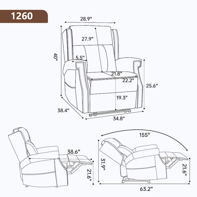 Roomfitters Manual Massage Recliner, Vintage Waxed Faux Leather Chair with Heat and 155-Degree Recline