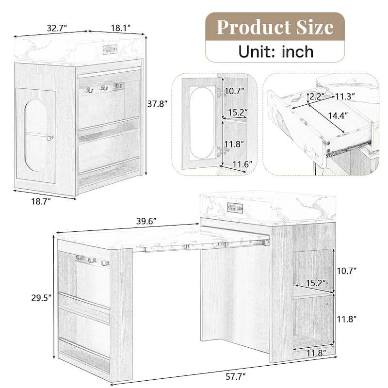 Extendable Dining Table with Folding Tabletop, Bar Table with Drawers and Power Outlet, Kitchen Island with Wheels and Hooks
