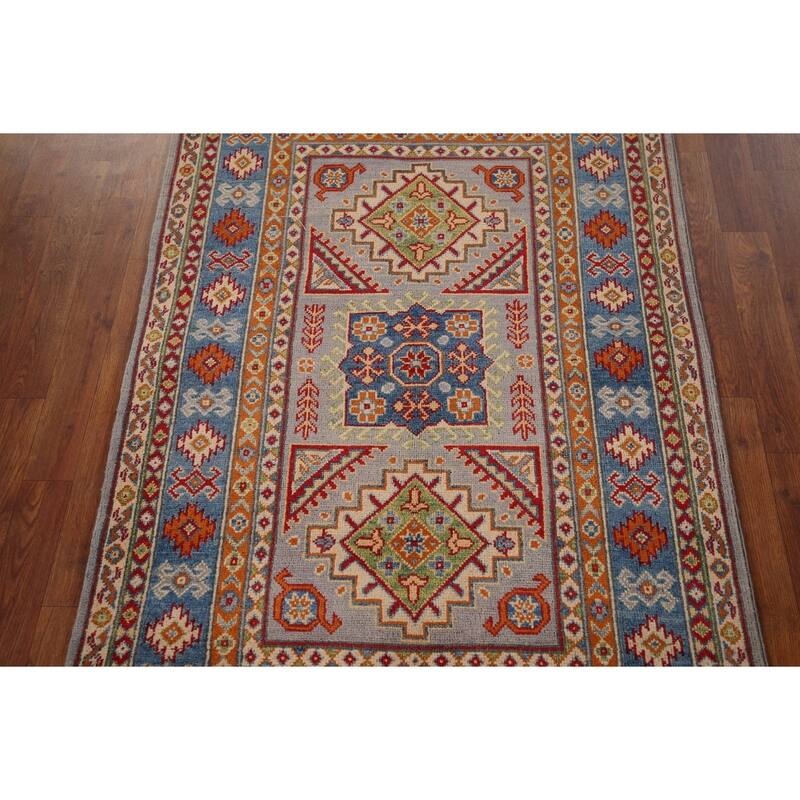 Traditional Grey Kazak Foyer Rug Hand-Knotted Wool Carpet - 3'4" x 5'0"