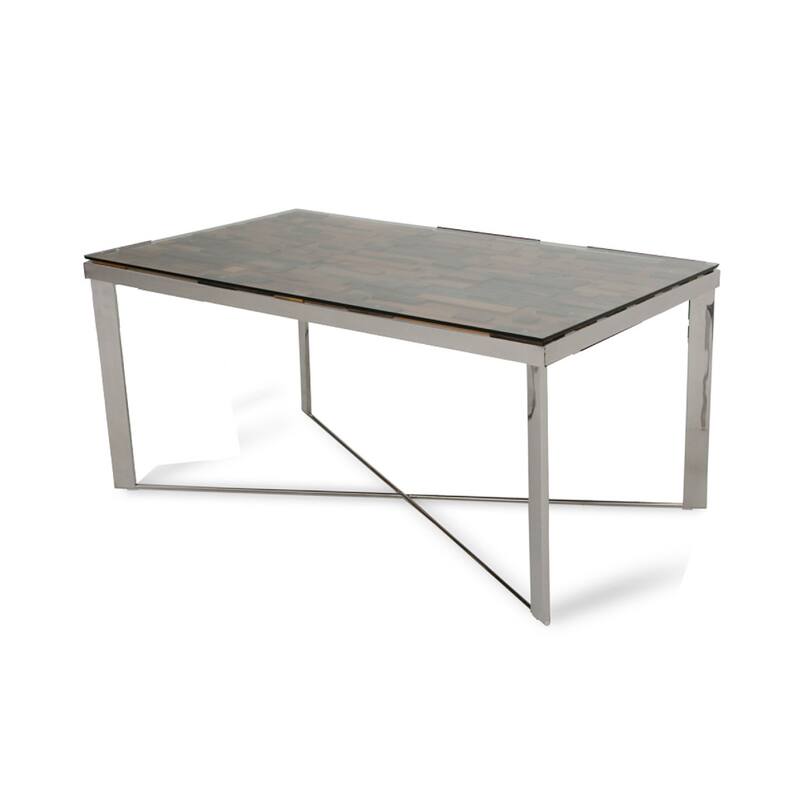 Cid Tiha Dining Table, Reclaimed Ship Wood and Glass Top, 64 Inch Brown - Brown, Silver