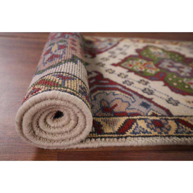 Geometric Kazak Runner Rug Hand-Knotted Beige Wool Carpet - 2'6"x 9'10"