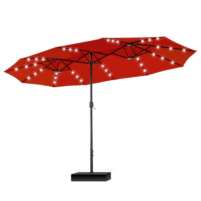 15ft Patio Umbrella Double-Sided Outdoor Extra Large Crank Lift Umbrella with Solar Led Lights and Base Included - Red 