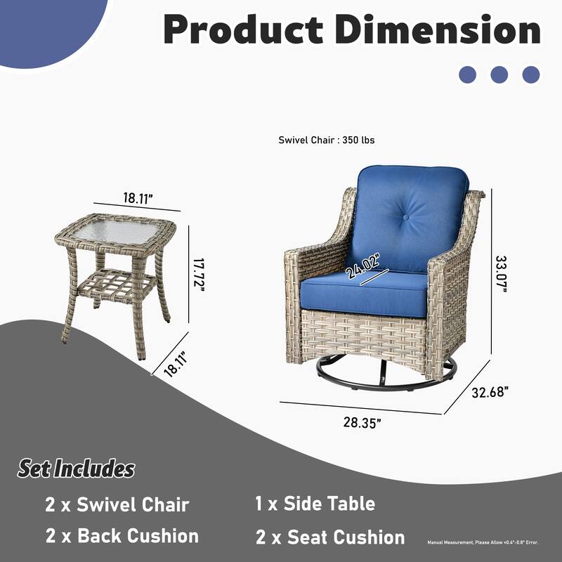 XIZZI 3-Piece Swivel Rocking Chair Rattan Wicker Outdoor Patio Furniture Bistro Set