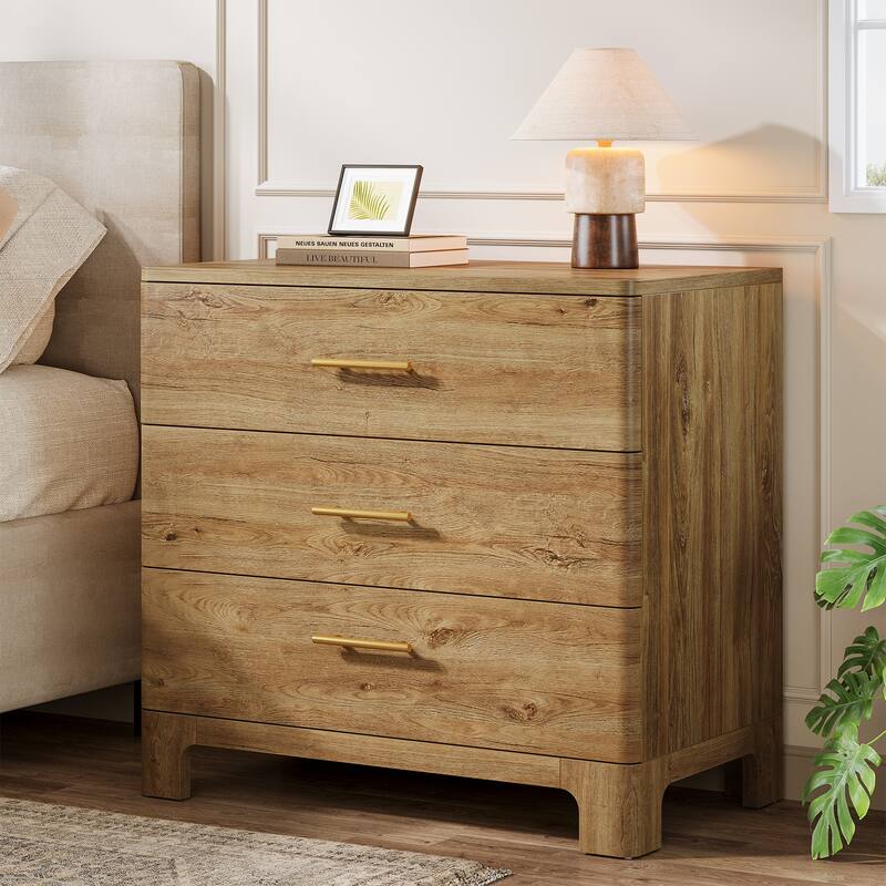 Oversized Nightstand with 3 Drawers, 31.5-Inch Wide Wood Night Stand - Brown