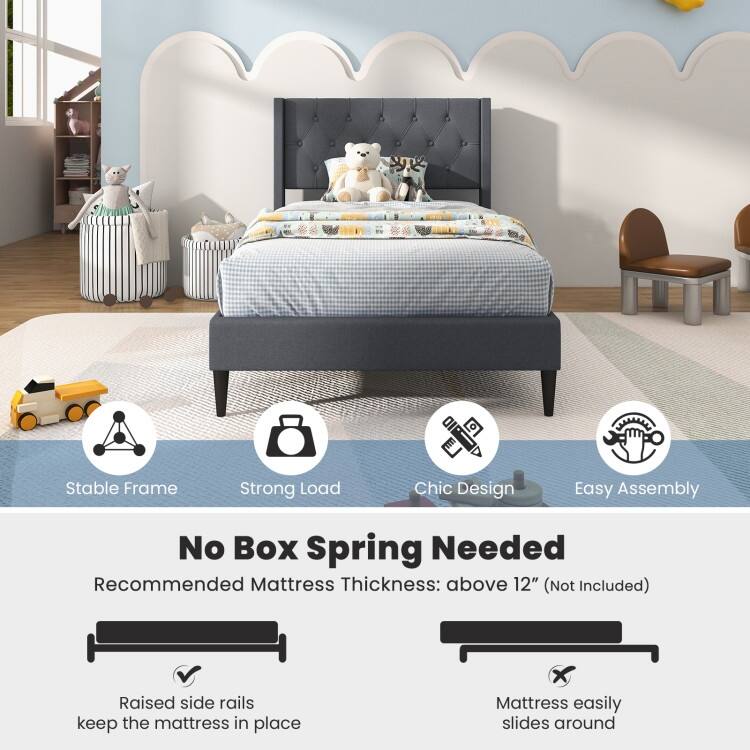 Upholstered Platform Bed with Button Tufted Wingback Headboard