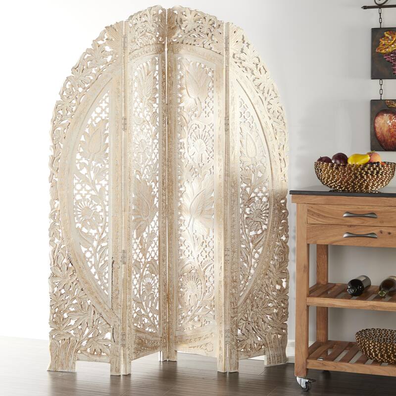 Wood Floral Handmade Foldable Arched 4 Panel Room Divider Screen with Intricately Carved Designs - White - Roche River Decor