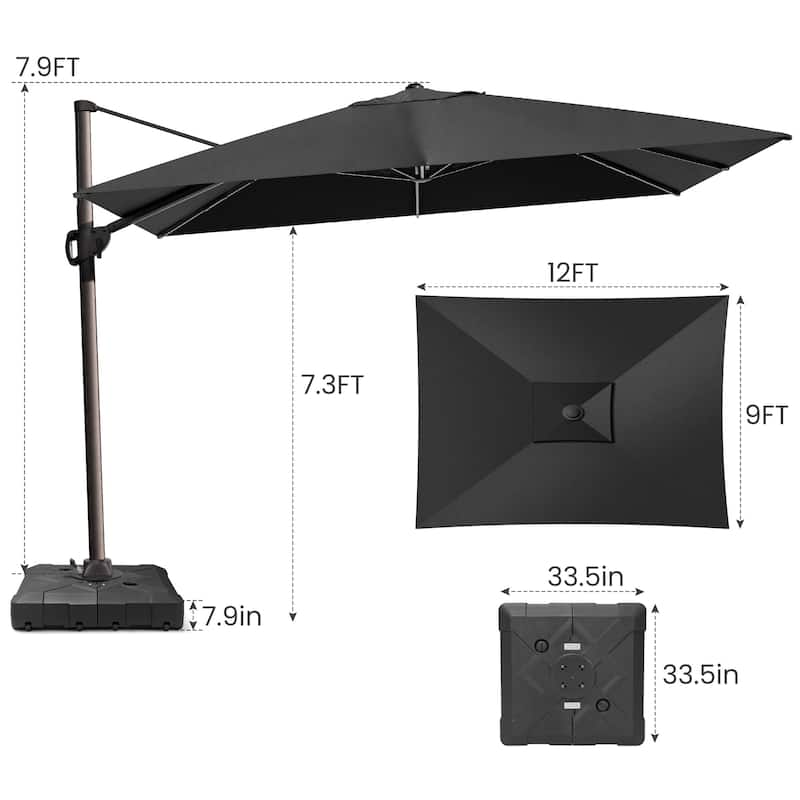 12 x 9 ft Outdoor Shade Parasol Patio Offset Cantilever Umbrella with Weights Base