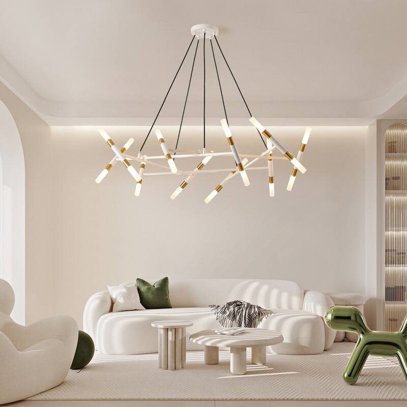 Modern Chandelier Light Fixture, Branch Design with Frosted Tubes, Black Cords, Adjustable Height Pendant Light for Dining Room
