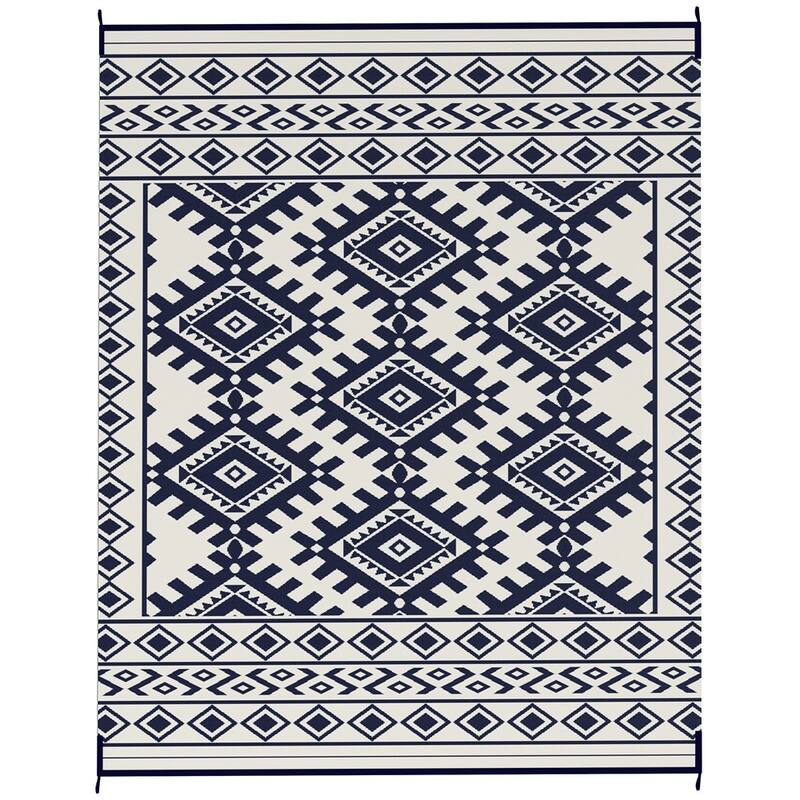 Reversible Outdoor Rug Rhombus Border UV Protected Foldable Camping RV Patio Picnic Mat - 143.7" L x 107.9" W - Blue and White