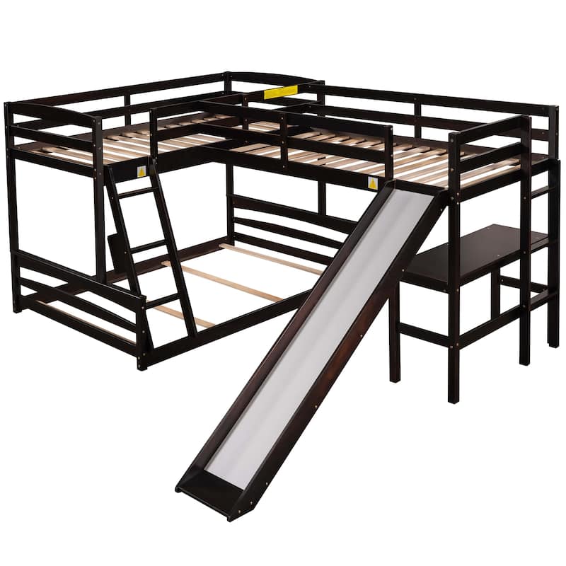 LShaped Triple Bunk Bed with Slide, Twin/Full Loft Bed with Desk Bed