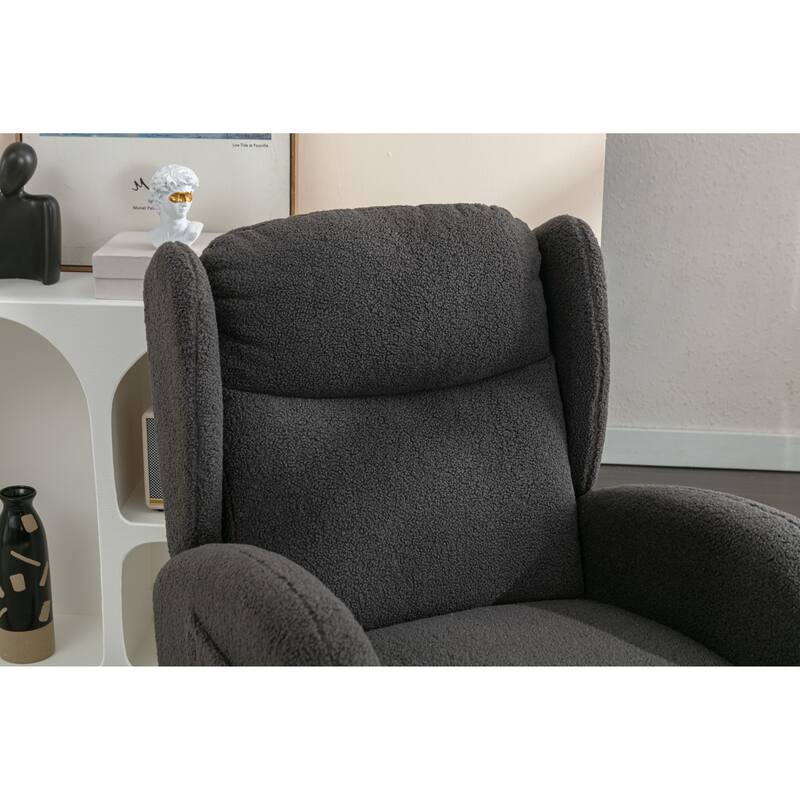 Glider Rocking Chair with Wing Back, Teddy Leisure Chair with Wood Legs, Upholstered Rocker Chair with Side Pocket