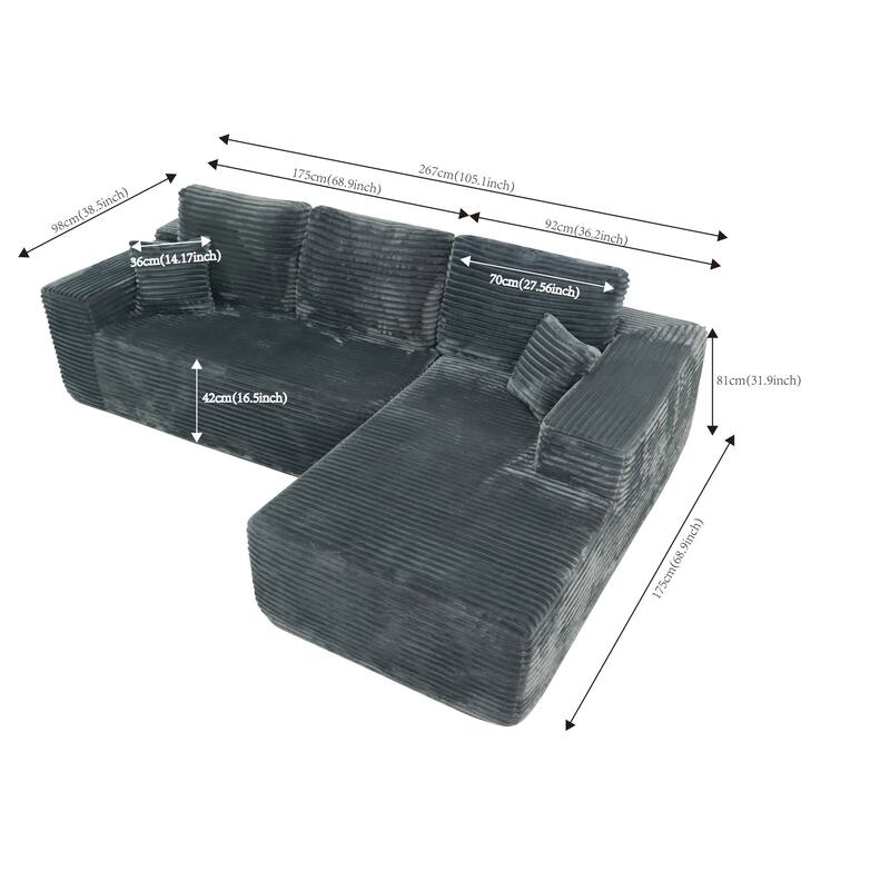 Modular Sectional Sofa with L-Shape Chaise Lounge, Corduroy Deep Seat Cloud Couch, Corner Upholstered Sofa with 2 Pillows