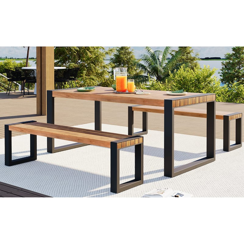 Roomfitters 3-Piece Outdoor Dining Set with Rectangular Table and 2 Benches, Industrial Patio Picnic Furniture, Acacia Wood