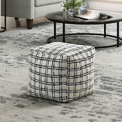 Modern Square Pouf Pattered Black White Fabric Upholstered Ottoman, Non-Slip Floor Pouf, Bean Bag Chair, 1pc Sitting Pouf