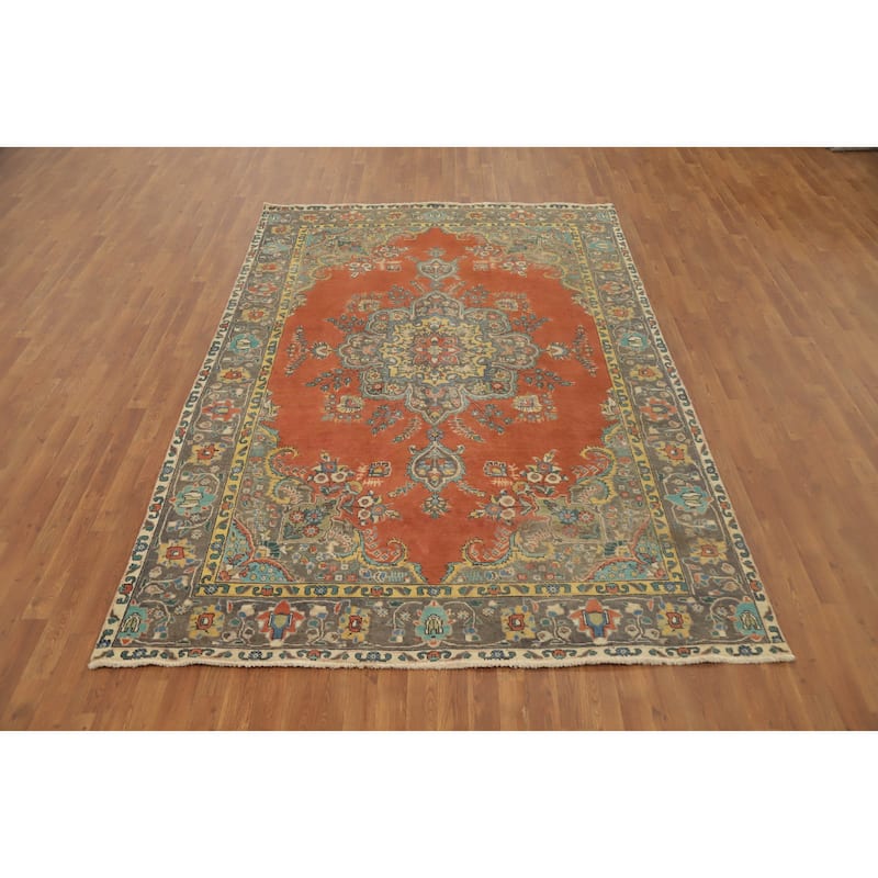 Hand Knotted Oriental 100% Wool Carpet Traditional Floral Oranges & Rust Tabriz Area Rug - 9' 10'' X 6' 7''