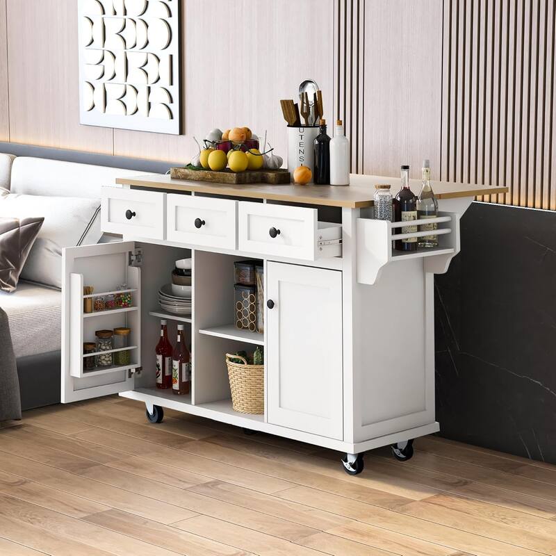 Roomfitters Kitchen Cart with Rubber wood Drop-Leaf Countertop, 5-Wheel Kitchen Island with Storage Cabinet & 3 Drawers