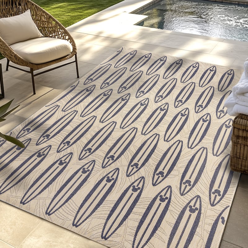 Disney Licensed Mickey Mouse Indoor Outdoor Flatweave Area Rug Tropical Surfing Polypropylene Coastal Accent Rug
