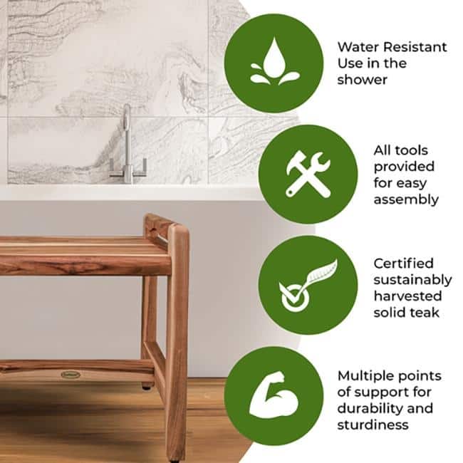 EcoDecors Eleganto EarthyTeak 20" Teak Shower Bench, LiftAide Arms